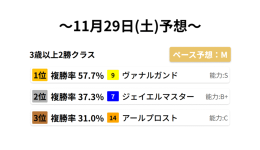 3歳以上2勝クラス データサイエンス競馬予想-11月29日(土)-