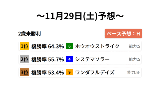 2歳未勝利 データサイエンス競馬予想-11月29日(土)-