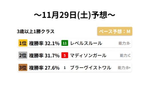3歳以上1勝クラス データサイエンス競馬予想-11月29日(土)-