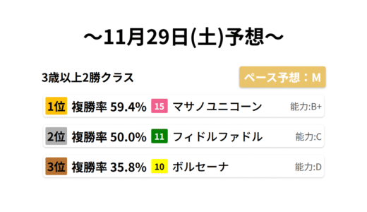 3歳以上2勝クラス データサイエンス競馬予想-11月29日(土)-