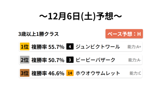 3歳以上1勝クラス データサイエンス競馬予想-12月6日(土)-