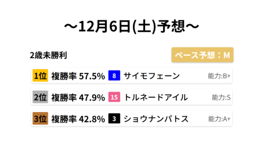 2歳未勝利 データサイエンス競馬予想-12月6日(土)-
