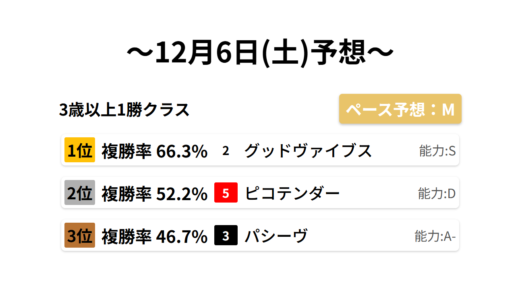 3歳以上1勝クラス データサイエンス競馬予想-12月6日(土)-